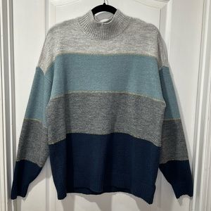 H Halston mock neck sweater, blue and gray striped with gold detail, size L
